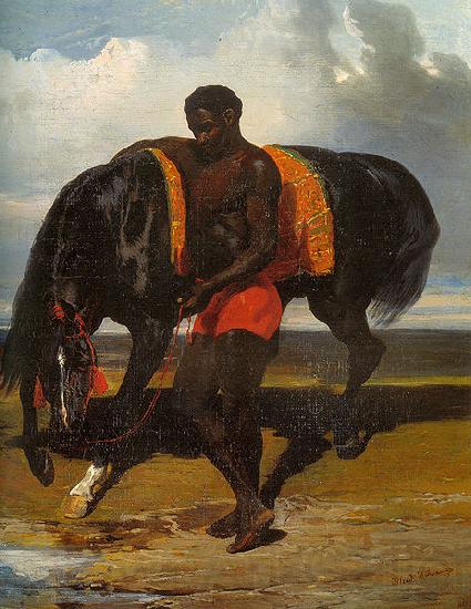 Alfred Dedreux Africain tenant un cheval au bord d'une mer France oil painting art